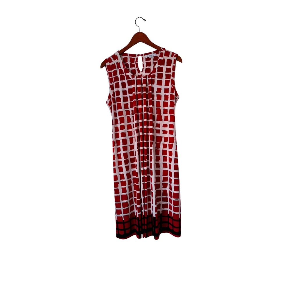 Liz Claiborne Geometric Grid Print Sleeveless Pleated Shift Dress Red White Sz L